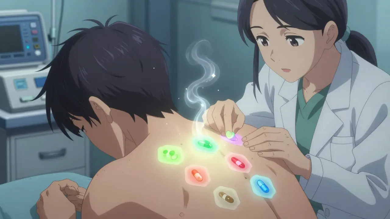 Dermatologist removing patch test stickers from a patient's back with glowing allergen auras.