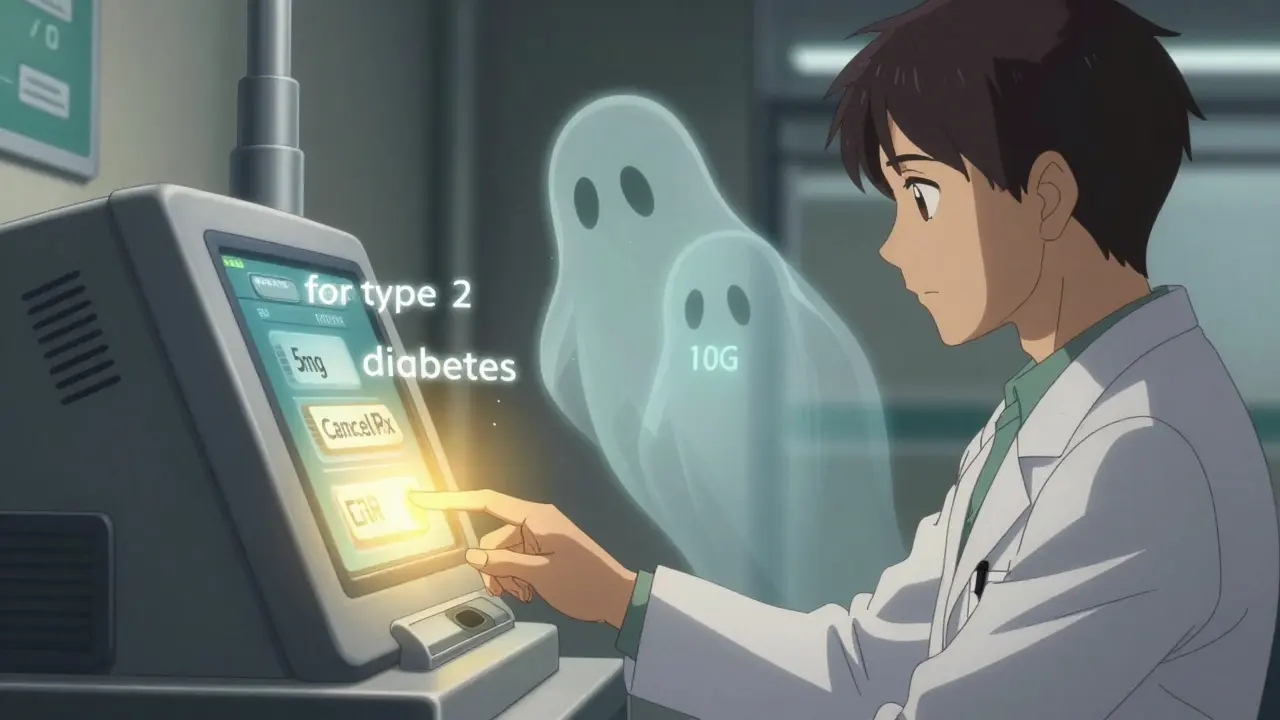 Doctor pressing CancelRx button as two old prescription ghosts fade away, new prescription with indication visible.