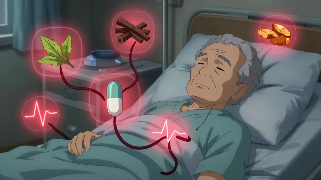 Elderly patient in hospital bed surrounded by floating herbal supplements damaging a heart monitor.