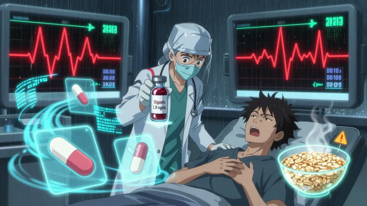 ER scene with erratic heart monitor, blood test vial, and floating drug icons as patient clutches chest.