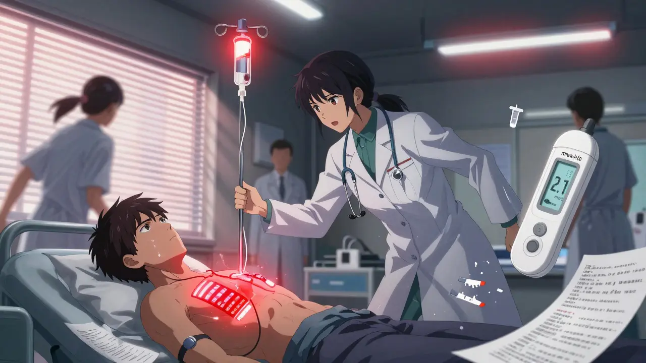 ER scene with IV drip, glowing high ketone levels above patient, medical staff in motion, shattered urine strip beside blood meter.