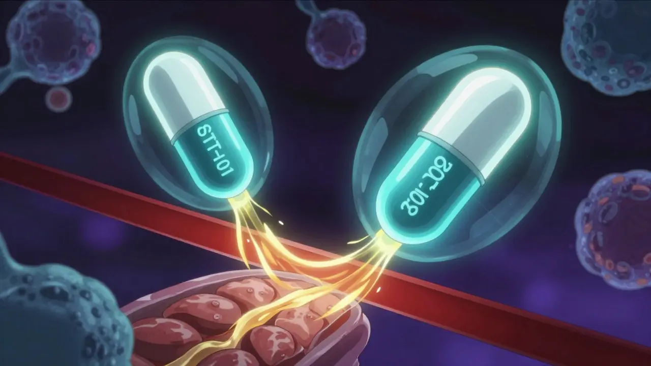 Experimental statin capsules float beside liver cells, blocked from muscle tissue by a protective barrier.
