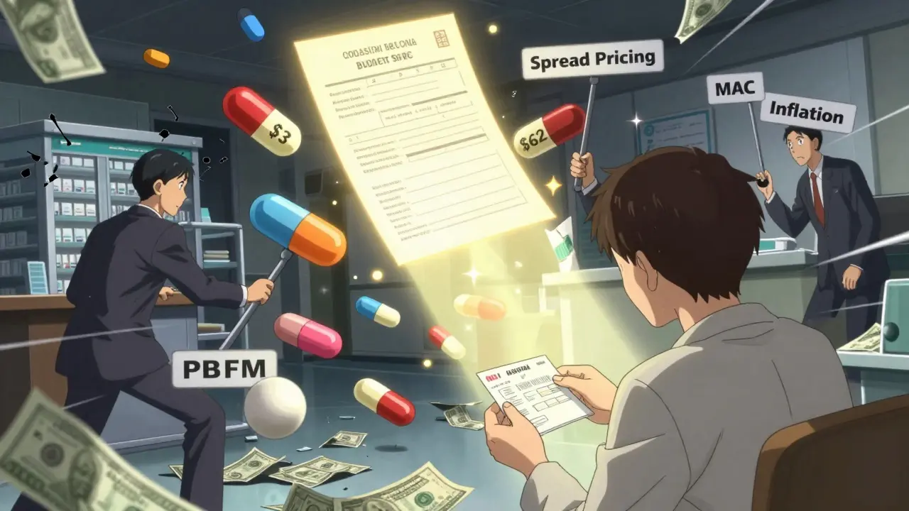 Generic pills clashing in midair as PBMs manipulate pricing systems behind a determined patient.