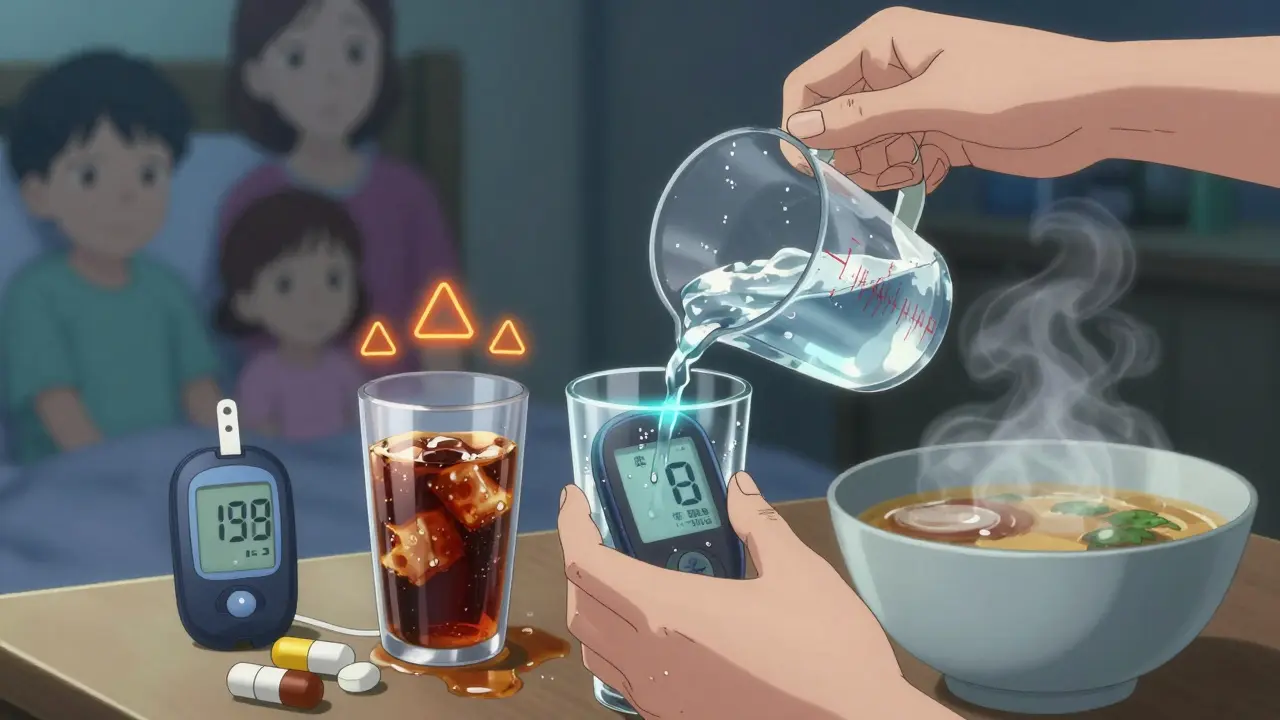 Hand pouring water while checking CGM, glucose tabs and fluids on table, warning symbols above spilled soda, soft lighting.
