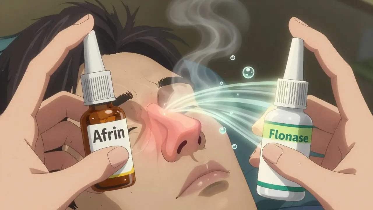 Hands holding two nasal sprays — one dark and destructive, the other glowing with healing energy — transforming nasal tissue.