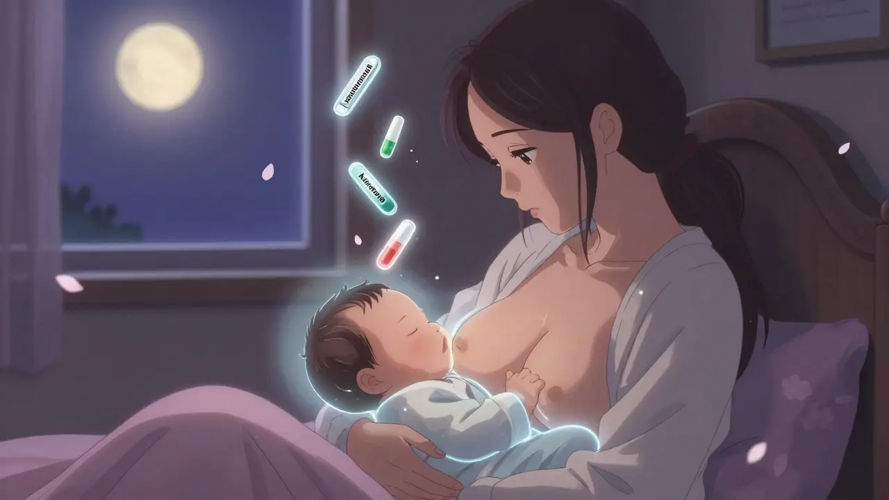 Mother breastfeeding baby with glowing safe medications dissolving gently in the air.