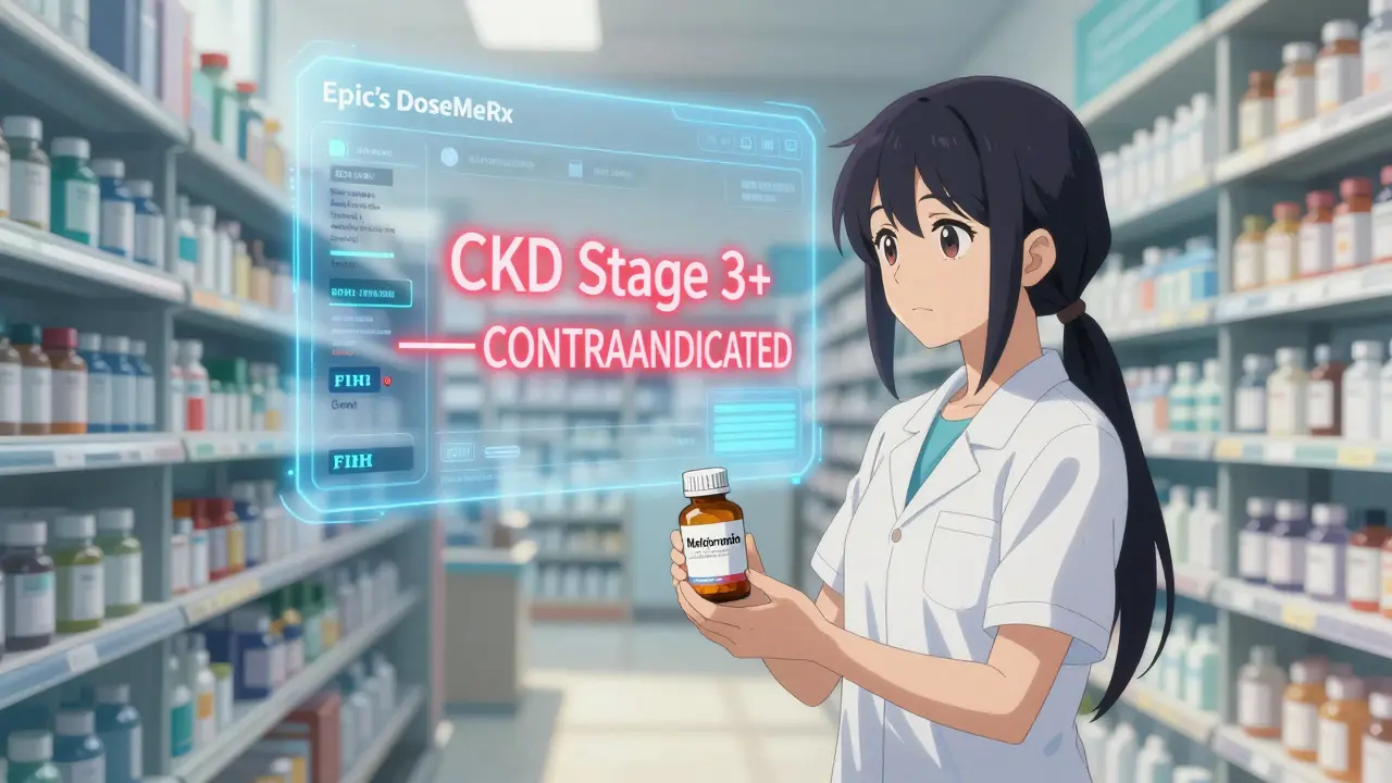 Patient holding metformin bottle as AI system flags contraindication, FHIR data streams glowing blue in background.