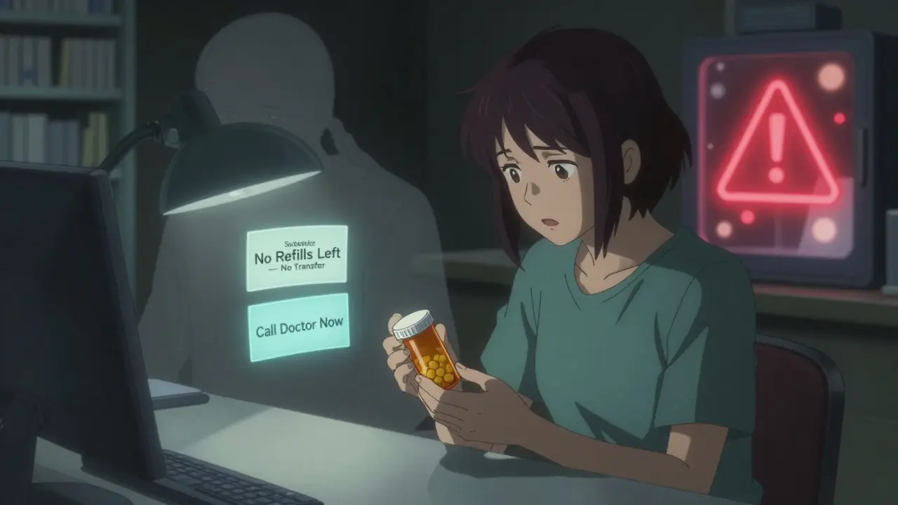 Person holding an empty pill bottle surrounded by floating warnings about transfer restrictions and prescription status.