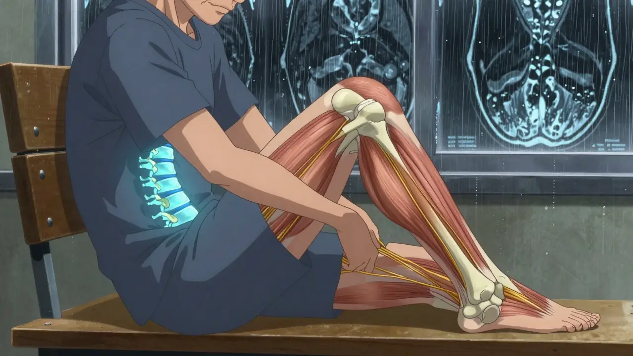 Person sitting with illuminated degenerated spine and tight hamstrings, rain outside window