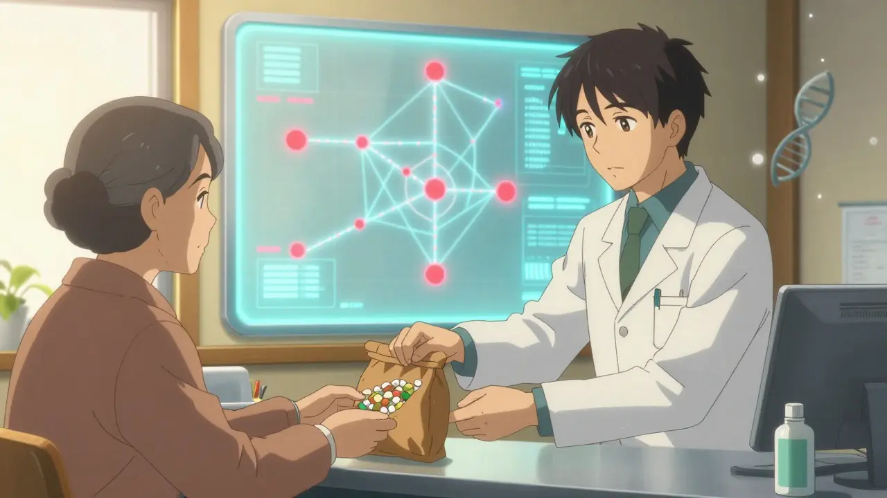 Pharmacist giving brown bag of meds to patient, with digital interaction map in background.