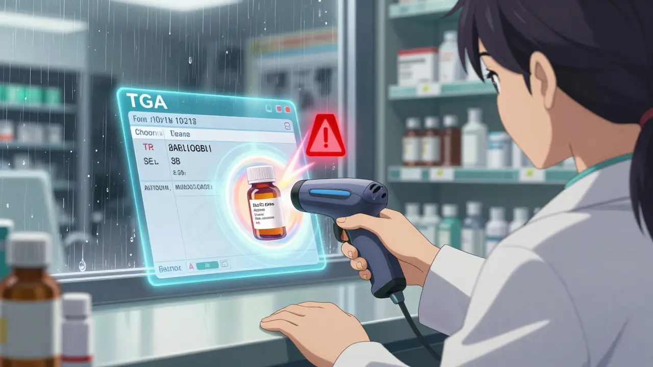 Pharmacist scanning a medicine bottle with holographic verification overlay in a pharmacy.