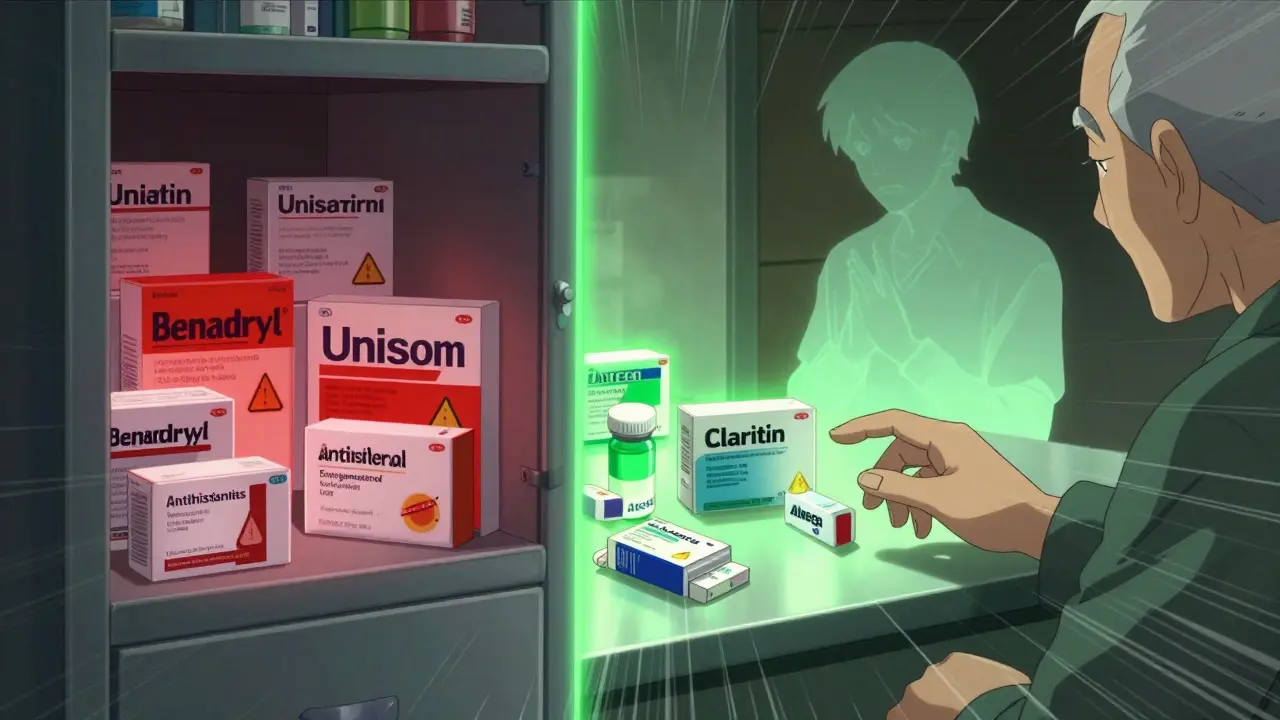 Split image: cluttered medicine cabinet with risky sleep aids on one side, clean shelf with safe antihistamines on the other.
