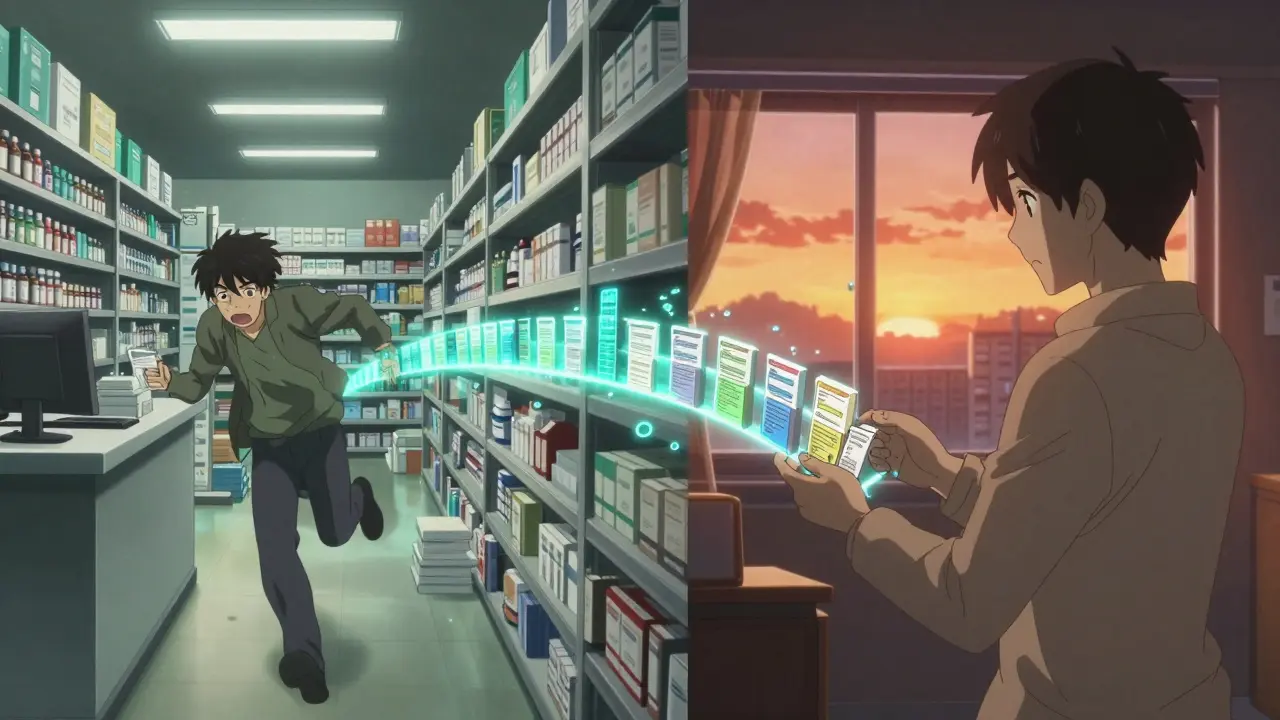 Split scene: chaotic pharmacy vs peaceful home delivery, connected by glowing prescription data.