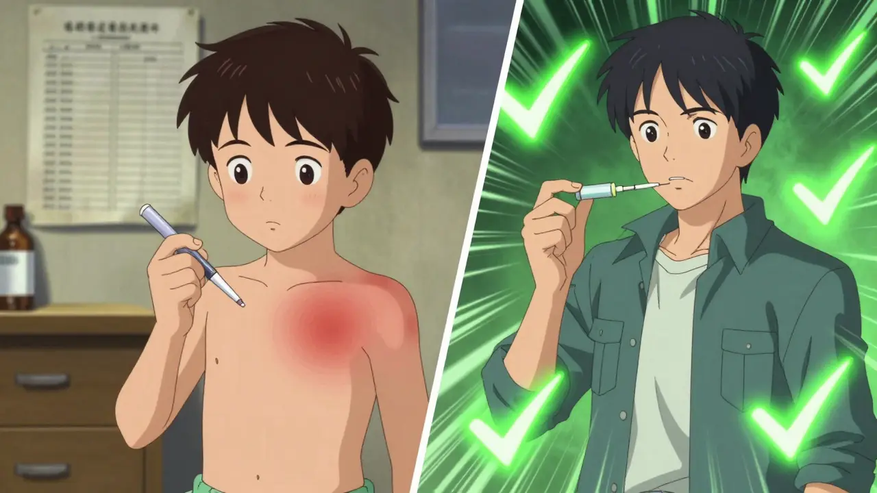 Split scene: child with rash in 1980s vs adult safely taking amoxicillin today, symbolizing allergy misconception.