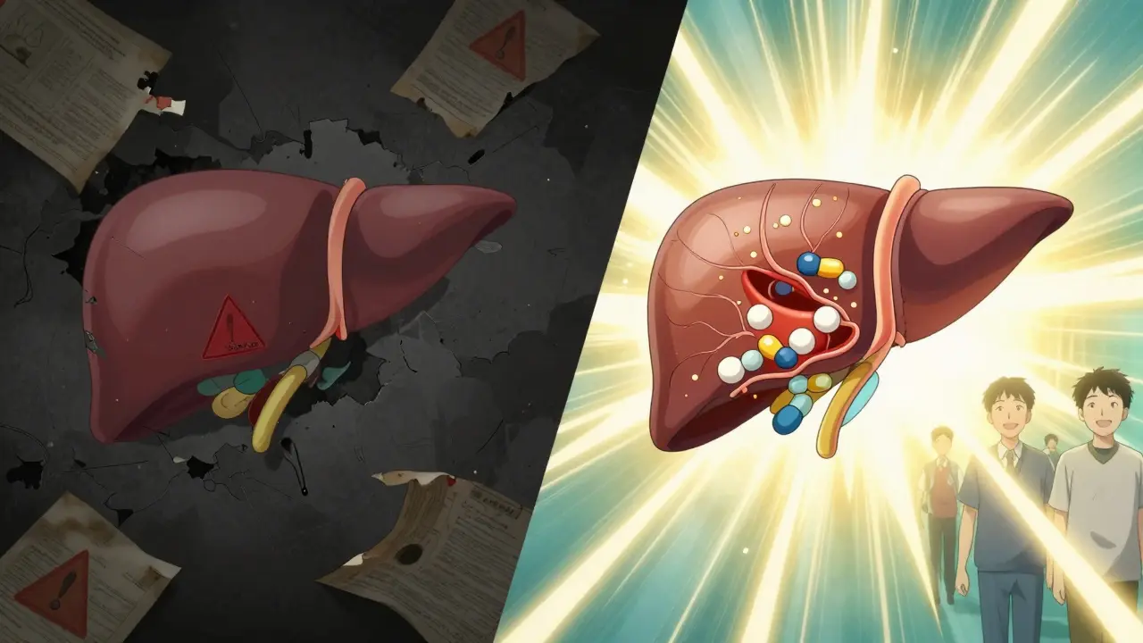 Split scene: damaged liver fading away vs. healthy liver glowing with statin molecules and open blood vessels.