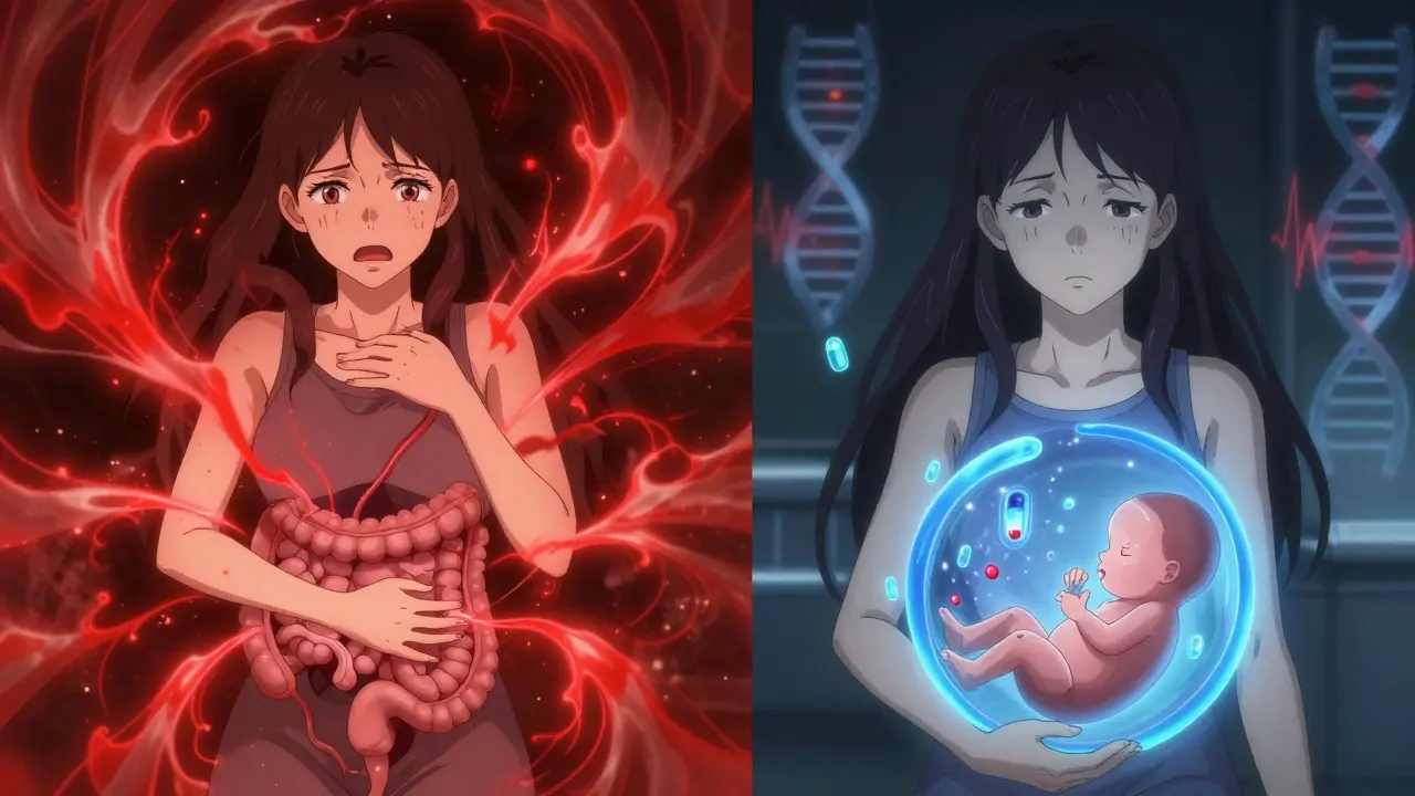 Split scene: inflamed intestines vs. protected fetus with safe medication streams.