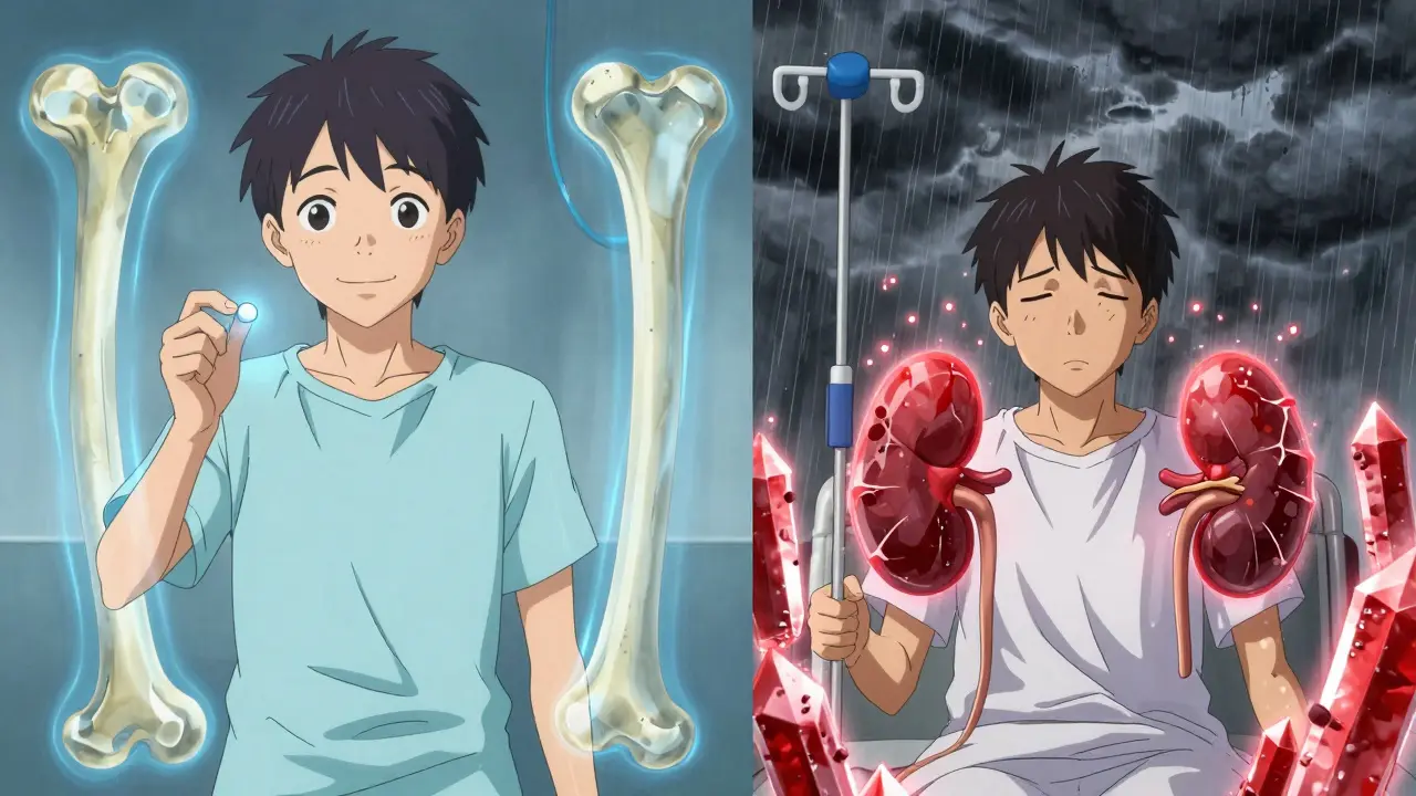 Split scene: one side shows safe vitamin D use with healthy energy, the other shows hospitalization from dangerous calcium buildup.