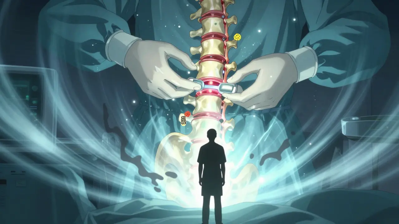 Surgical fusion with glowing bone graft and stardust particles, patient standing tall in recovery