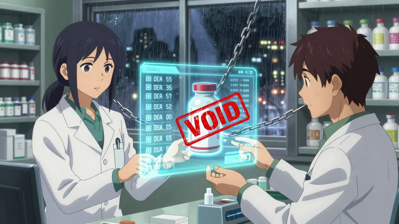 Two pharmacists exchanging a controlled substance prescription via a glowing digital system with a 'VOID' stamp appearing.