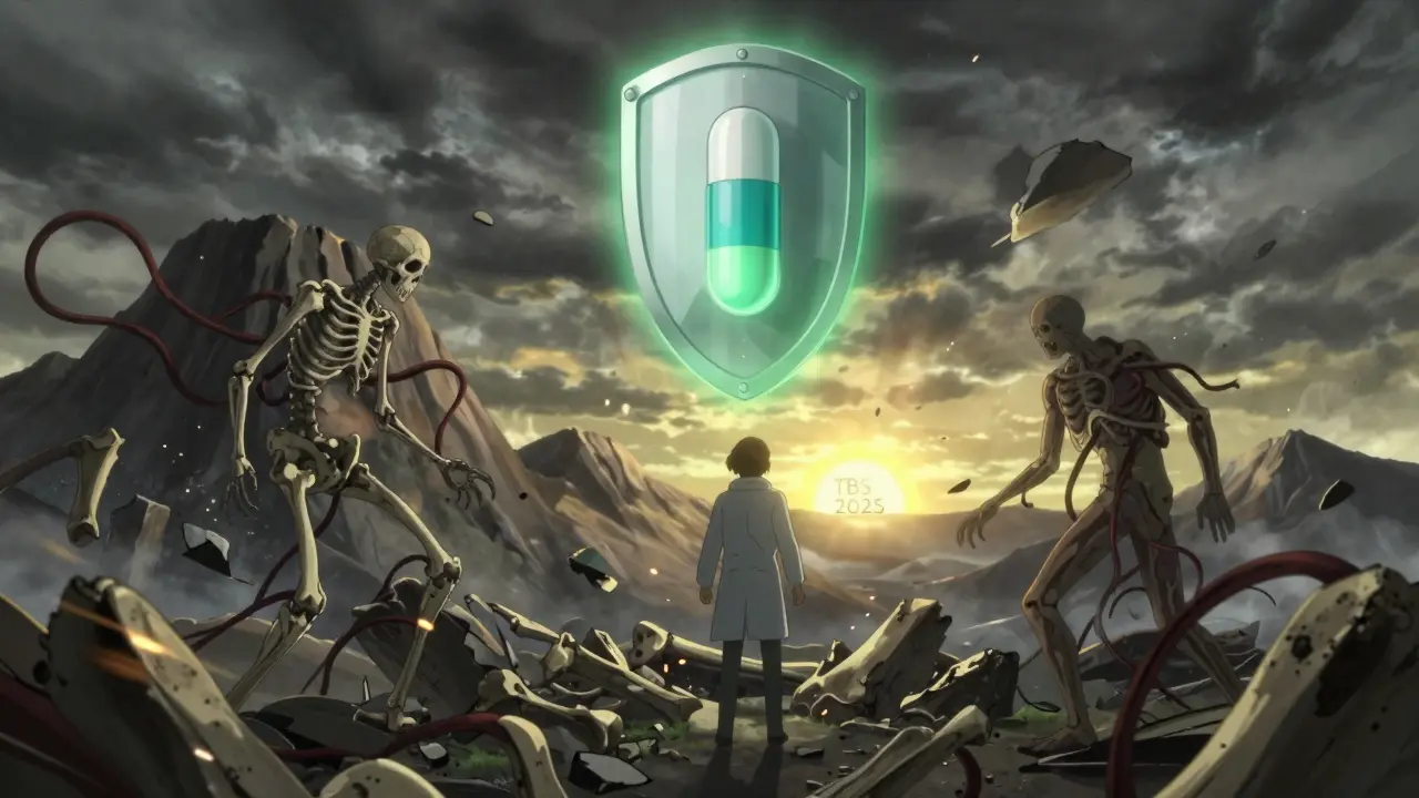A crumbling skeletal mountain is halted by a glowing shield, representing bisphosphonate treatment for endocrine-related bone loss.