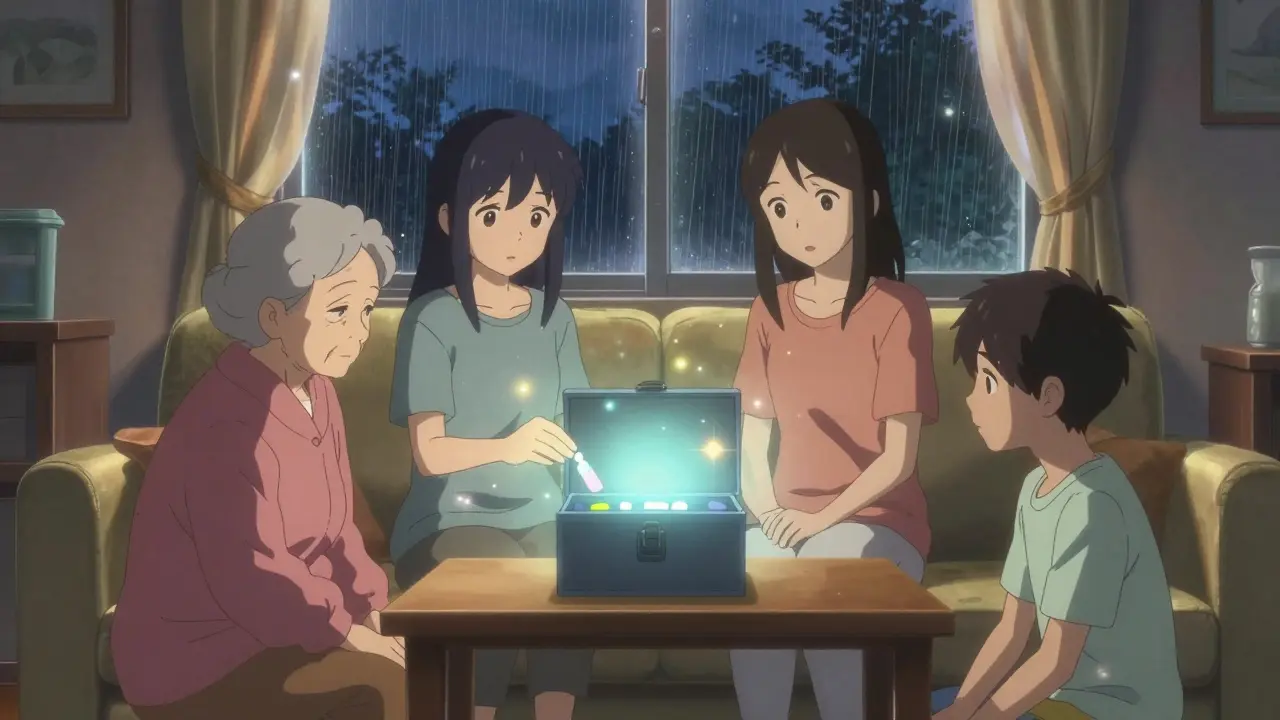 A family placing medications into a locked storage box at dusk, symbolizing safe habits.