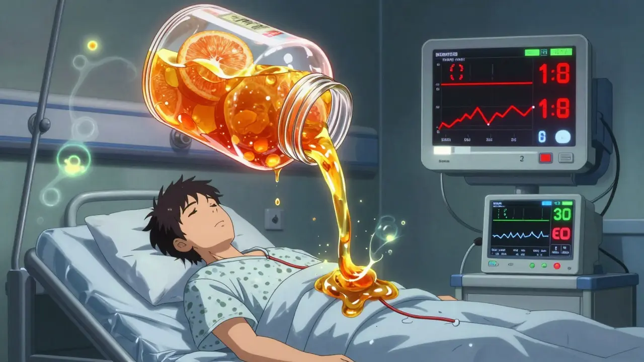 A hospital patient connected to a malfunctioning monitor as Seville orange marmalade flows into their blood.