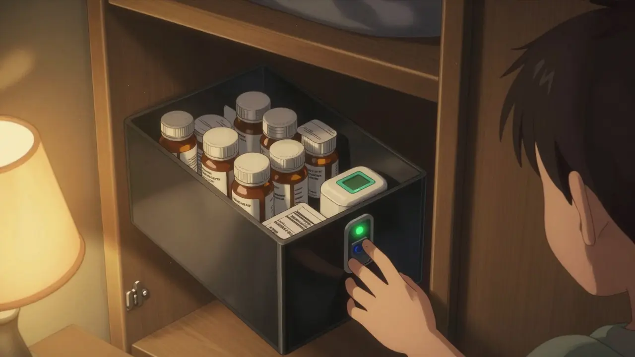A locked medication box inside a wardrobe with labeled bottles and a digital dispenser, child's hand unable to reach.