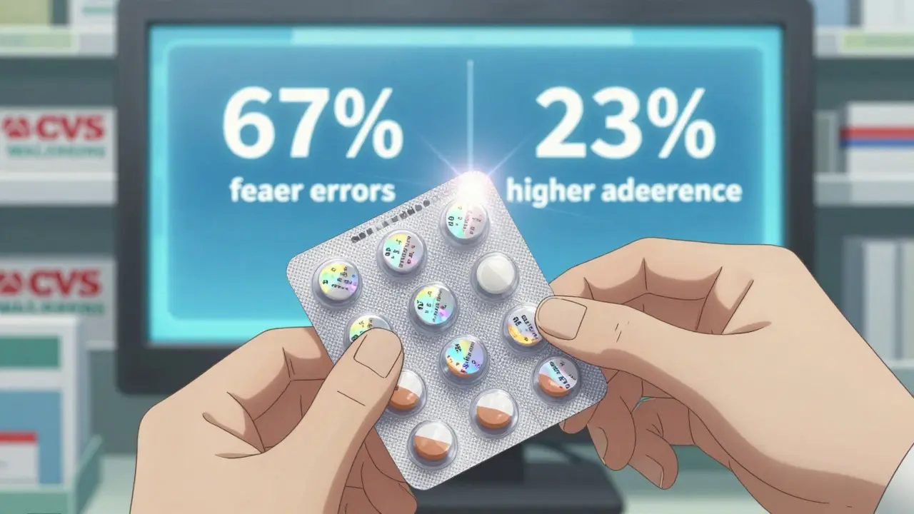 A pharmacist assembling a custom blister pack with glowing medication labels.