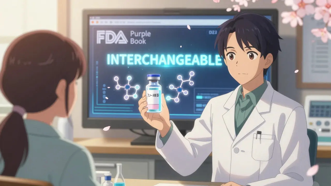A pharmacist hands a biosimilar vial to a patient, with shimmering molecular patterns and the FDA Purple Book logo visible.
