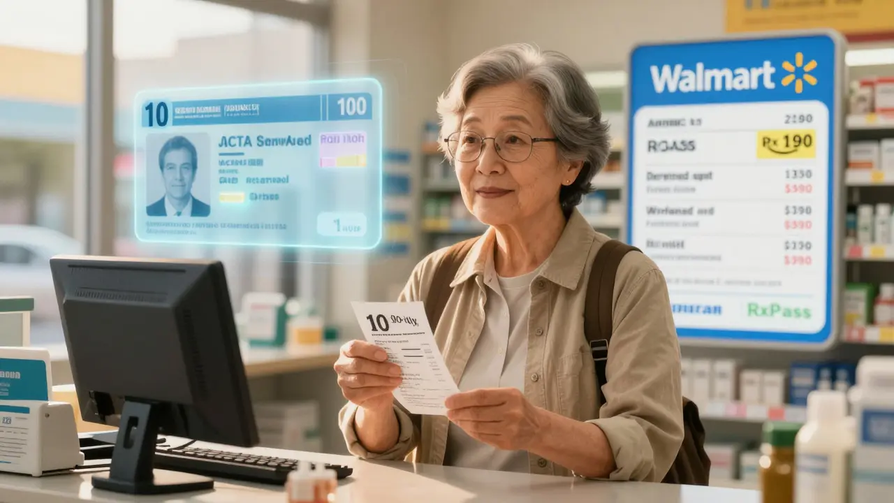 A retiree paying cash for generics while their insurance card fades away in a hologram.