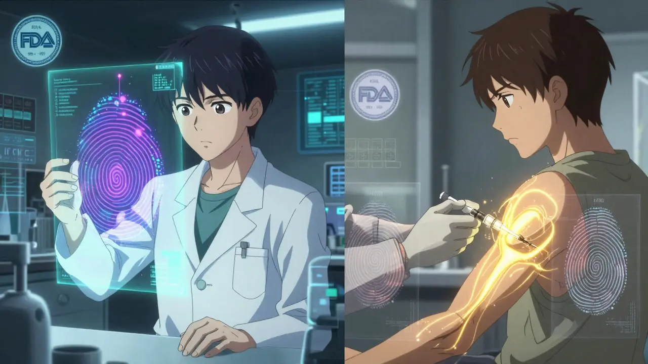 A scientist analyzing molecular data while a patient receives an injection, with glowing biosimilar and reference drug structures in the background.