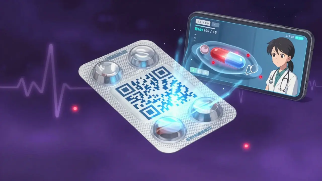 A smart blister pack with a glowing QR code projecting a digital pill animation.