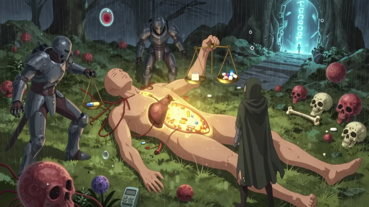 A surreal battlefield inside a human body, where a transplanted organ glows as immune cells attack, balanced by pills on one side and cancer and organ damage on the other.