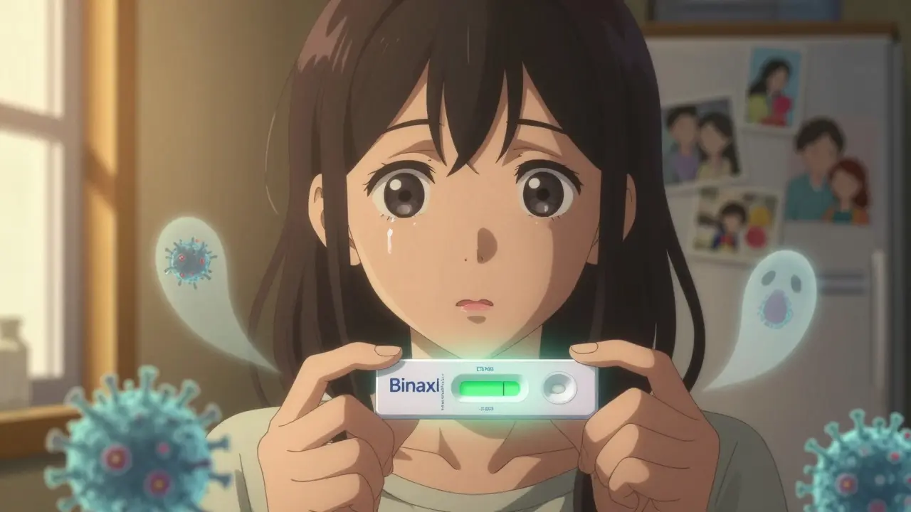 A woman at home viewing a positive combined flu and COVID test, ethereal viral particles swirling around her with soft lighting.