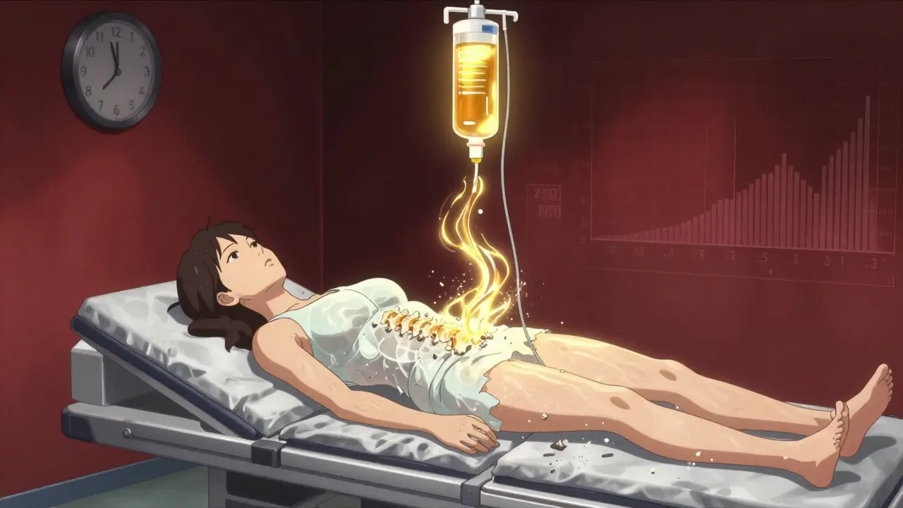 A woman undergoes a bone scan as crumbling bone shards dissolve into dust, with a glowing IV infusion protecting her spine.