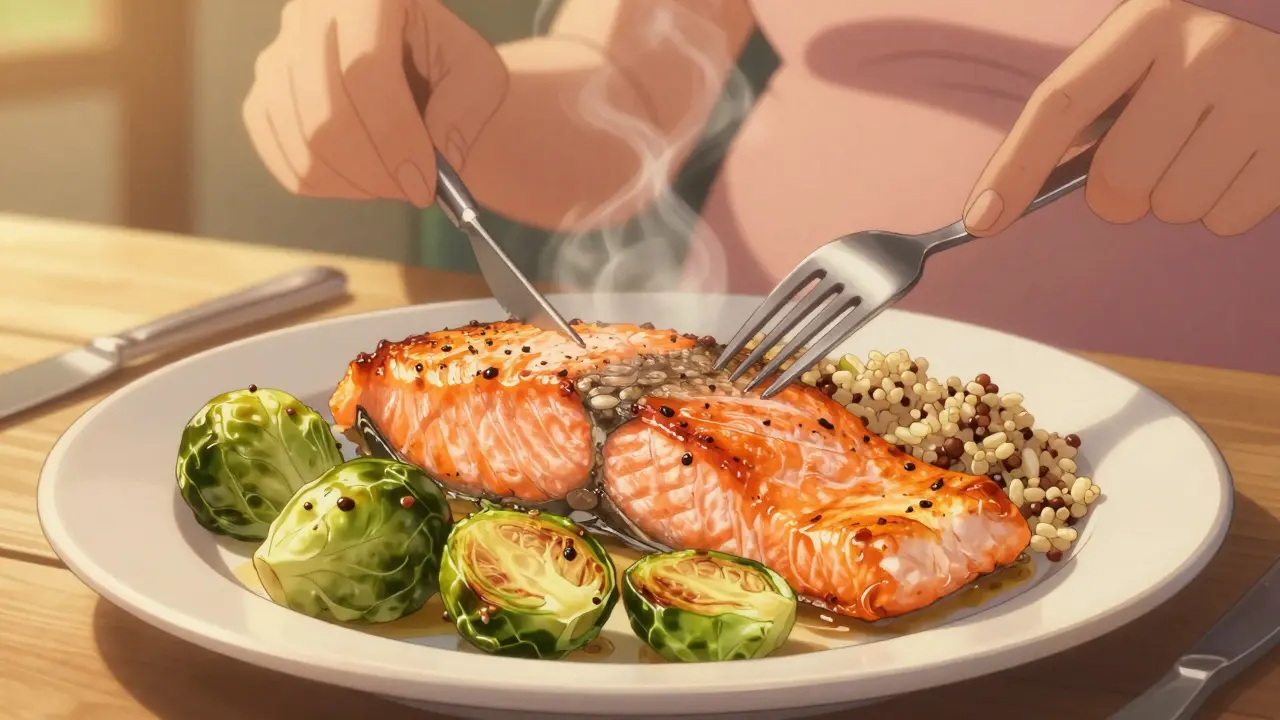 Baked salmon with Brussels sprouts and quinoa dinner