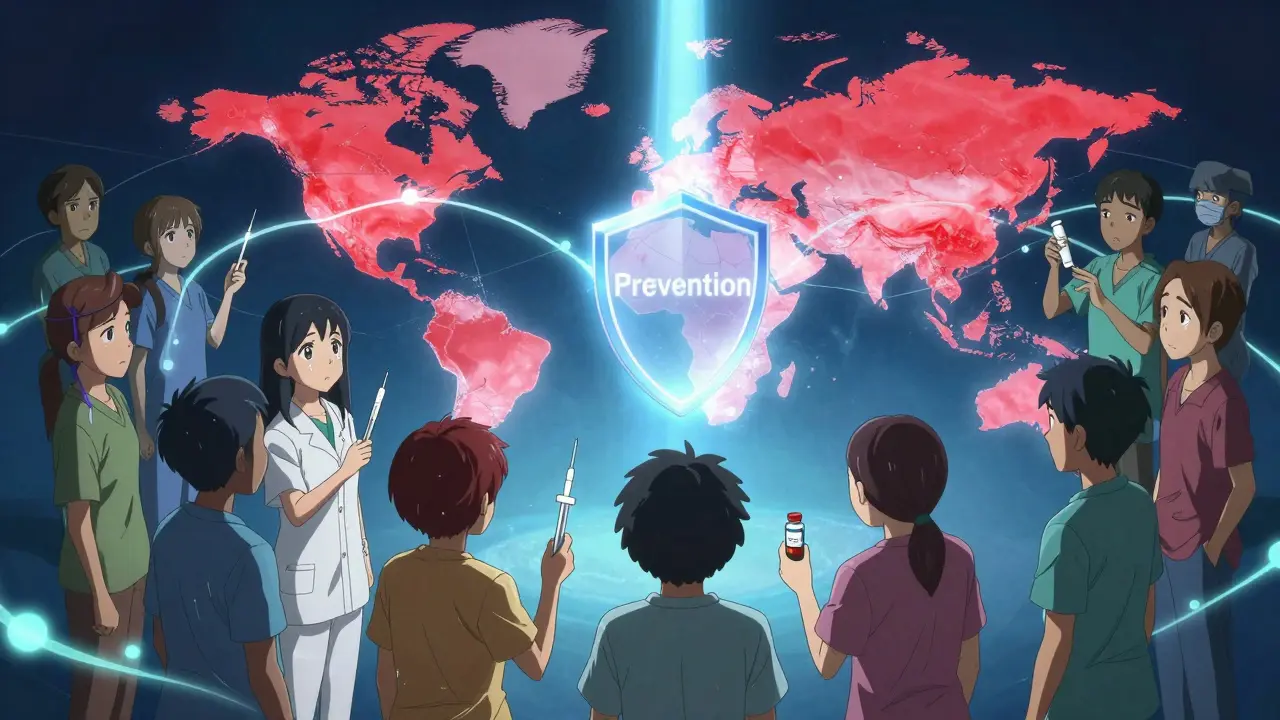 Diverse patients holding TB screening tools, surrounded by a pulsing global map of high TB burden zones.