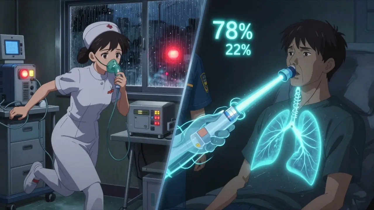ER scene contrasting inefficient nebulizer setup with precise inhaler-and-spacer delivery.