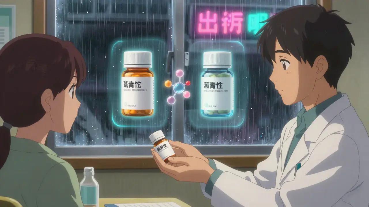 Pharmacist handing a pill bottle to a patient, with a hologram showing identical branded and generic pills side by side.
