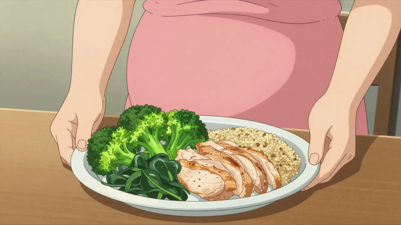 Plate divided into vegetables, protein, and carbs sections