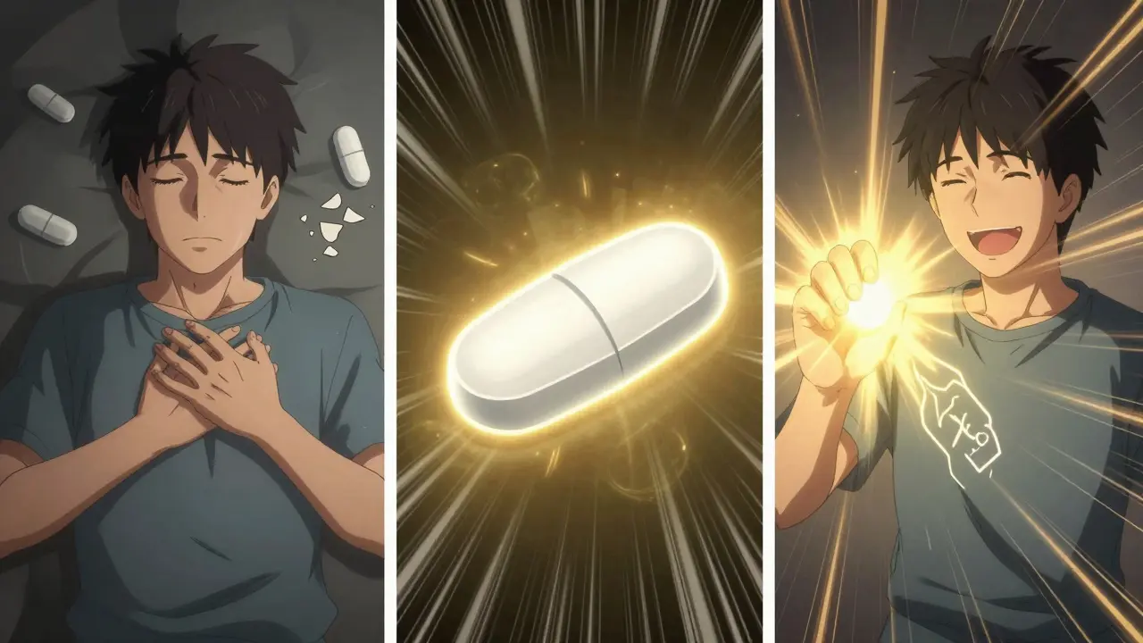 Three-panel scene showing a patient’s transition from discomfort with a generic pill to relief with an authorized generic.
