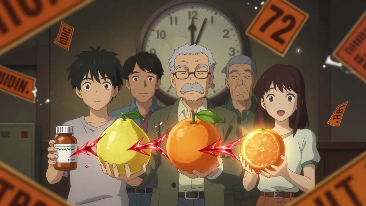 Three people hold citrus fruits; two trigger dangerous drug interactions while one glows safely.
