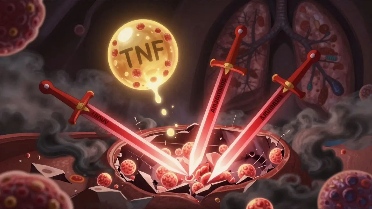 Three TNF inhibitor drugs depicted as glowing artifacts, one protecting granulomas while two destroy them.