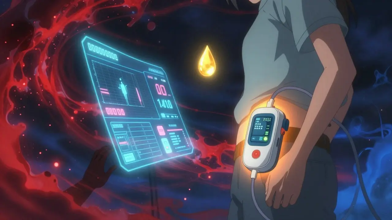 A closed-loop insulin pump projecting a holographic glucose dashboard, with swirling glucose particles around the user.