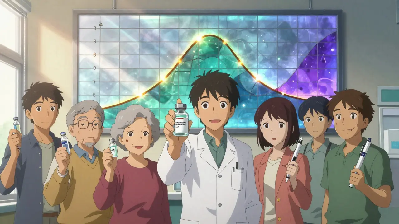 A diverse group in a clinic holding different insulin vials, with animated insulin action curves in the background.