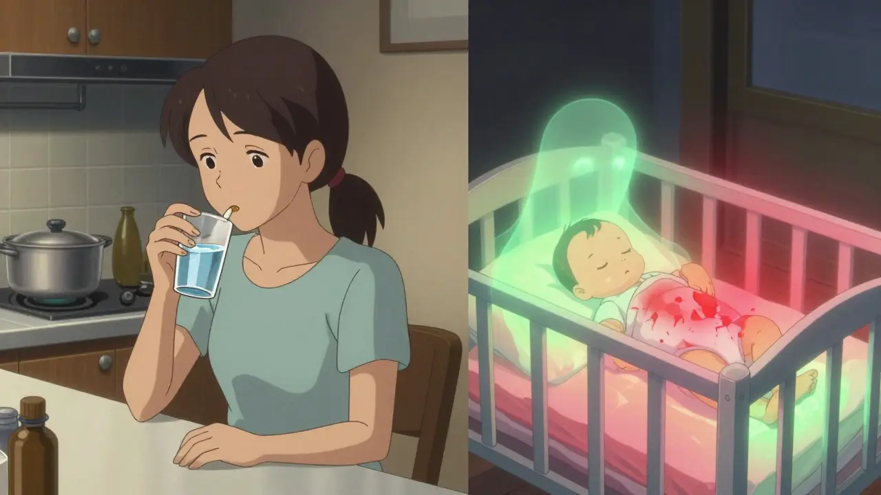 A mother takes medication while a ghostly baby sleeps beside her — one side glowing green (safe), the other flickering red (risky), contrasting antidepressant safety.