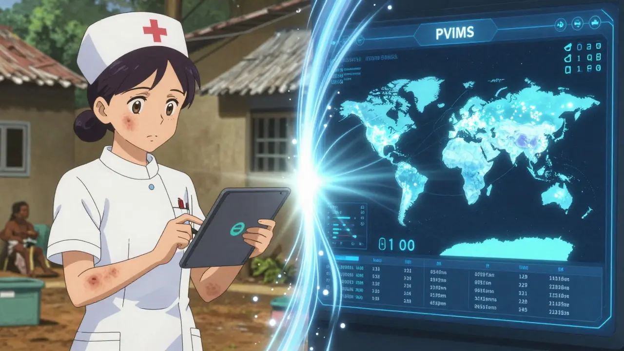 A nurse in a rural clinic inputs data offline while a global dashboard syncs the report, showing interconnected adverse event clusters.