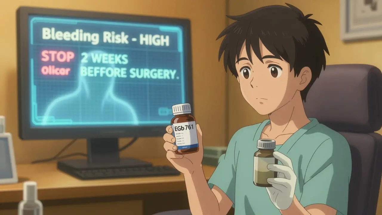 A patient choosing a labeled Ginkgo supplement while a ghostly version holds an unmarked one in a doctor's office.