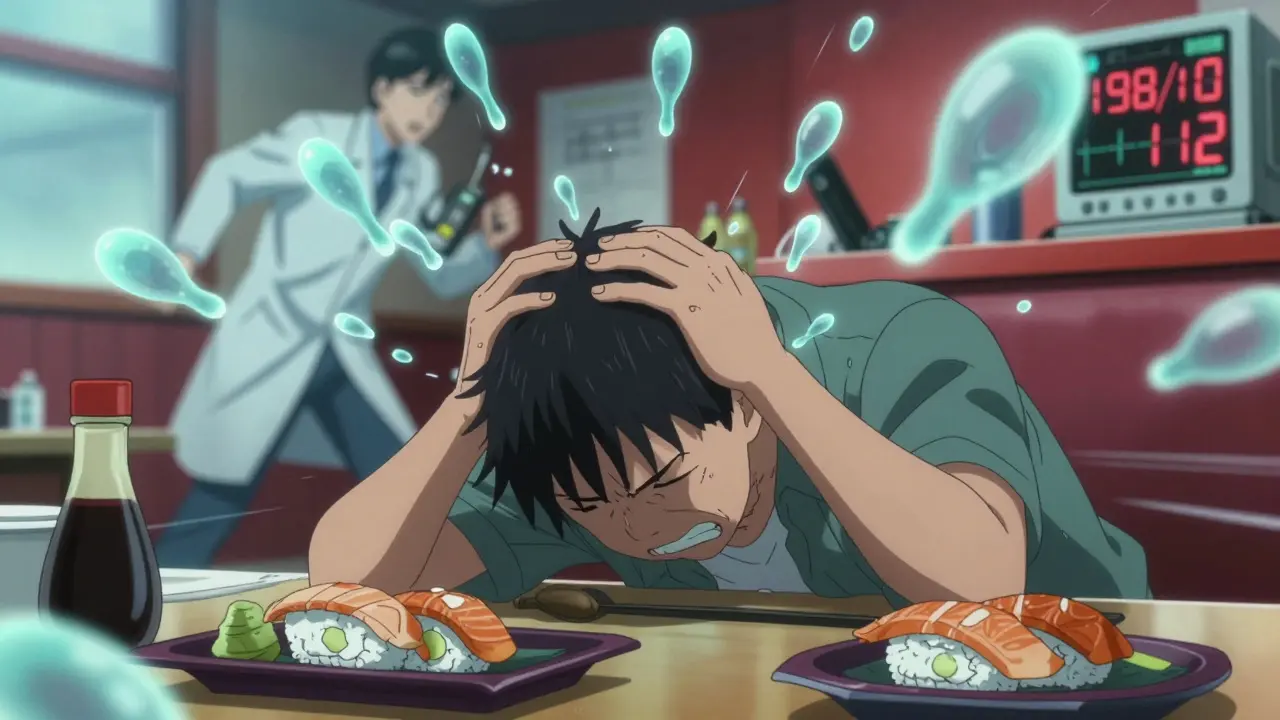 A patient collapses in a restaurant with tyramine molecules swirling around them, blood pressure monitor flashing dangerously high.