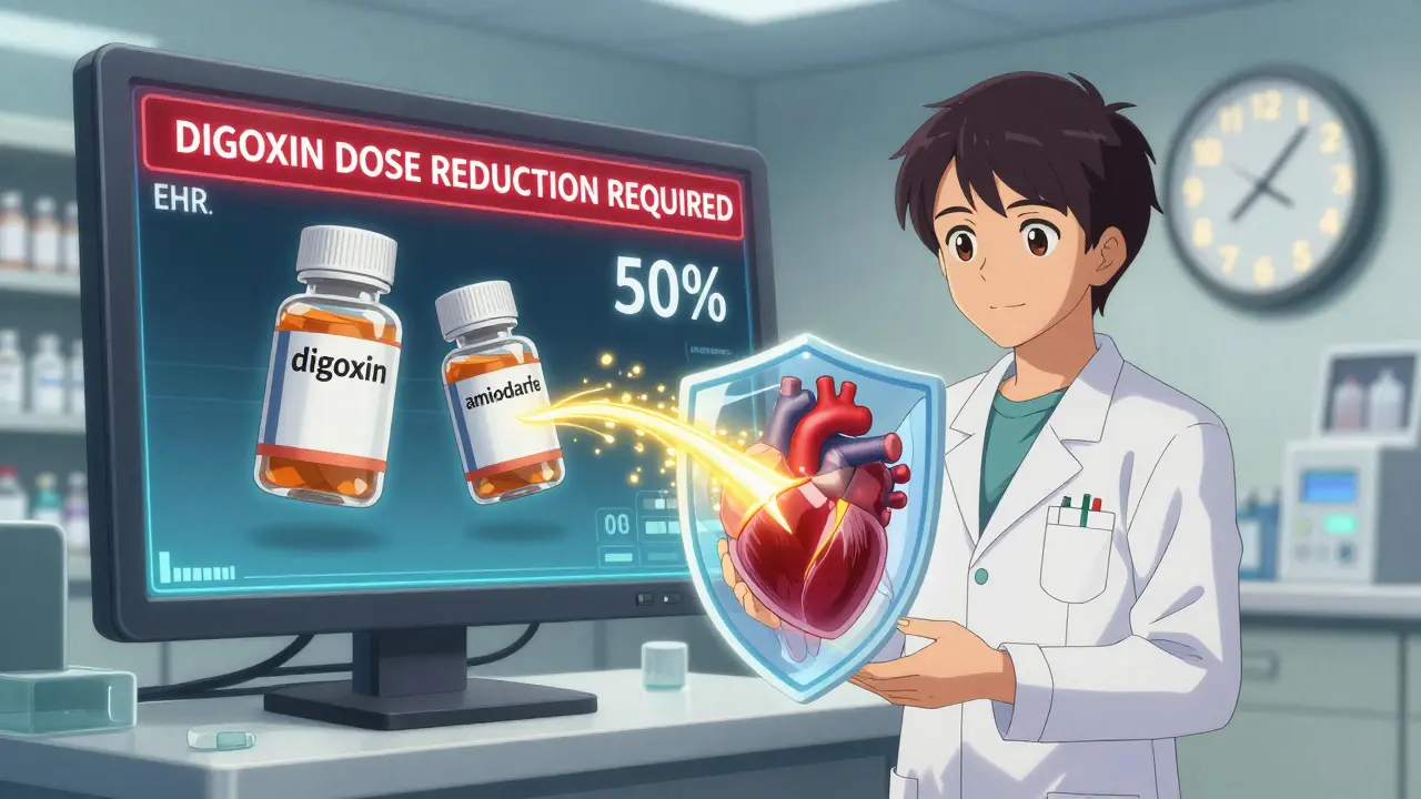 A pharmacist faces a glowing EHR alert, watching a digoxin dose reduce by half as golden energy protects a patient's heart, with a 72-hour countdown in the background.